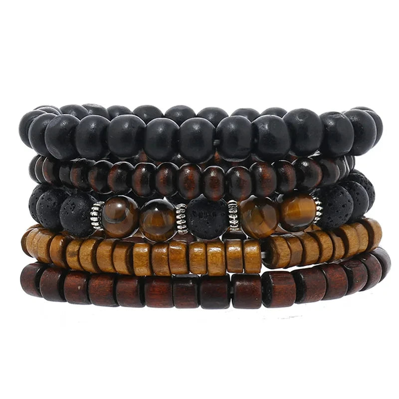 Boho Lederarmband für Herren – Handgeflochtenes Armband mit Holzperlen & Kokosschale, verstellbares Ethno Charm Armband