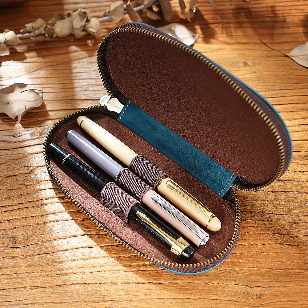 Vintage Crazy Horse Leder Stifteetui 3er-Set – Ovales Pen Case mit Reißverschluss für Füllfederhalter & Schreibgeräte
