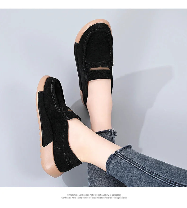 TIMETANG Damen Loafers Flats – Handgefertigte Mokassins aus echtem Leder, Slip-On, runde Zehen, Plattform Schuhe für Frühling &amp; Herbst