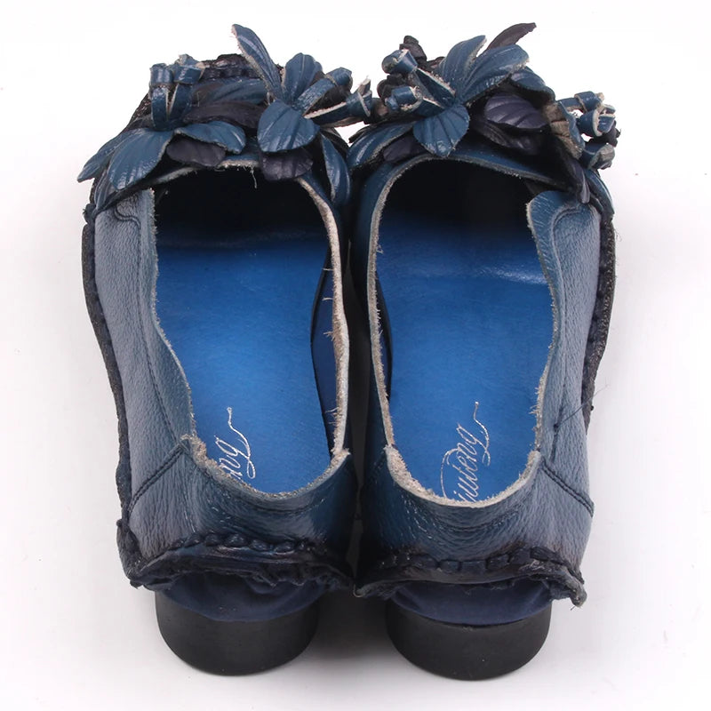 feerldi Damen Retro Ballerinas – Handgefertigte Lederschuhe, Luxuriöse Flats und Loafers mit Blumenapplikation