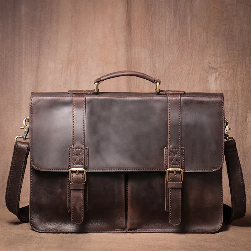 LUOKIR Vintage Herren Aktentasche aus echtem Crazy-Horse-Leder – Luxus Leder Messenger &amp; Laptoptasche für 14 Zoll, Business &amp; Reisen