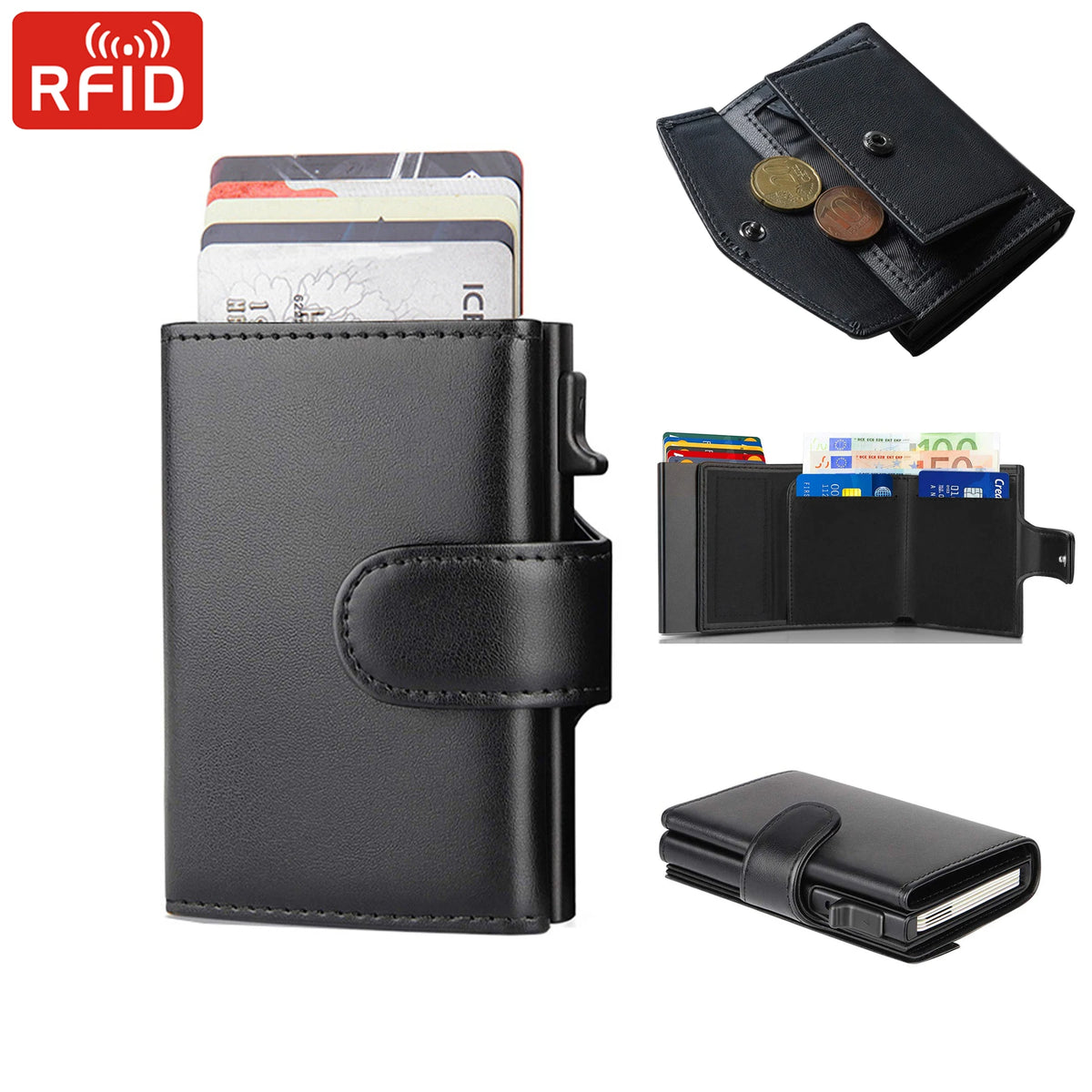 RFID Herren Geldbörse aus Mikrofaserleder – Trifold Slim Wallet mit Kartenhalter, Münzfach und Notenfach 