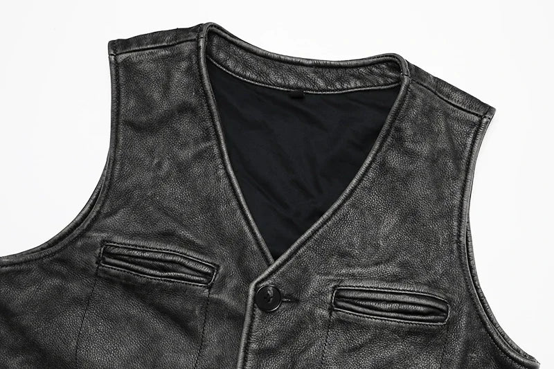 Chaleco vintage de piel auténtica de Gery para hombre, ropa de trabajo de piel de vaca natural, chaqueta ajustada sin mangas estilo safari. 