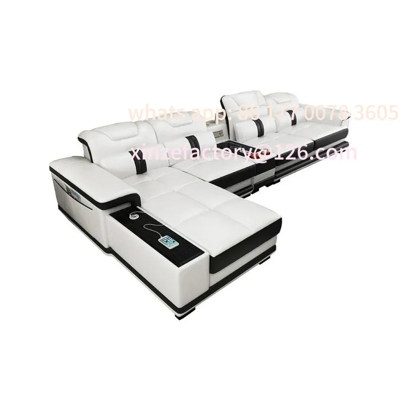 Modernes Luxus Leder-Ecksofa mit Schlafunktion – Smart Couch en L avec Bluetooth, Lautsprecher, USB &amp; Getränkehaltern, barre de configuration individuelle