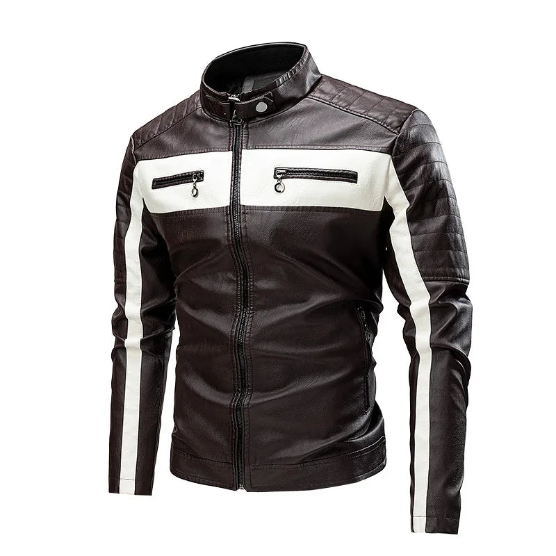 Herren PU Leder Motorradjacke mit Stehkragen – Farbblock Design, leichte Bikerjacke im Casual Style für Frühling & Herbst