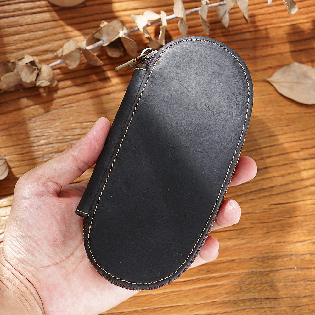Vintage Crazy Horse Cuir Stifteetui 3er-Set – Ovales Pen Case mit Reißverschluss für Füllfederhalter &amp; Schreibgeräte