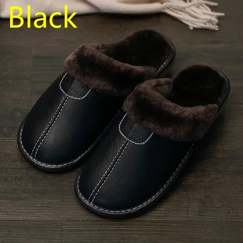 Herren Winter Hausschuhe aus PU-Leder – Warme Indoor Slipper mit Plüschfutter, Rutschfeste & Wasserabweisende Lederschuhe für Zuhause