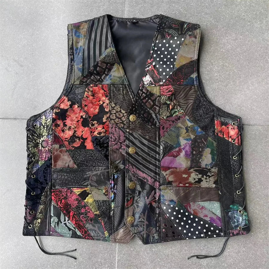 Herren Motorrad Lederweste – Single Breasted Biker Weste mit Stickerei, Ärmellose Punk Lederjacke für Herbst & Winter