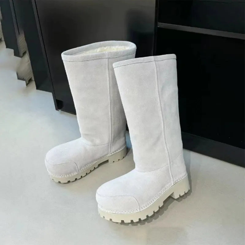 Damen Snow Boots mit dicker Plateausohle – Warme Winterstiefel aus Leder- & Felloptik, gefüttert & wasserdicht, auch in großen Größen