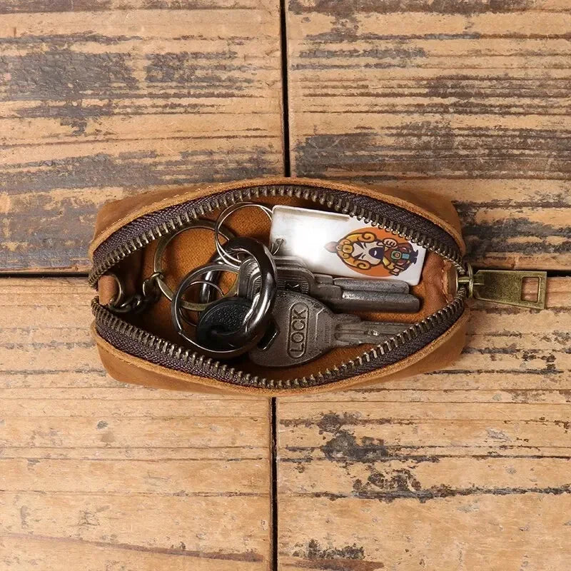 Genuine Leather Damen Münzbörse - Cartera de mano con cremallera vintage aus Rindsleder mit Kartenfach &amp; Schlüsselhalter 