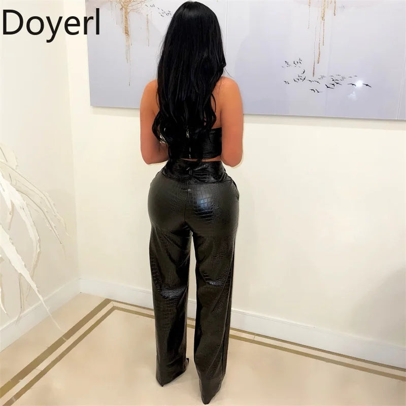 Sexy PU Leder Damen 2-Teiliges Set – Trägerloses Crop Top & High Waist Hose mit weitem Bein, edles Party & Club Outfit