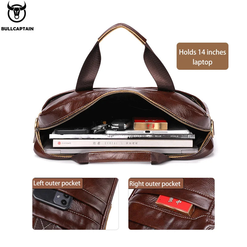 BULLCAPTAIN Herren Leder-Laptoptasche – Top-Layer Rindsleder Business Aktentasche für 15" Laptop