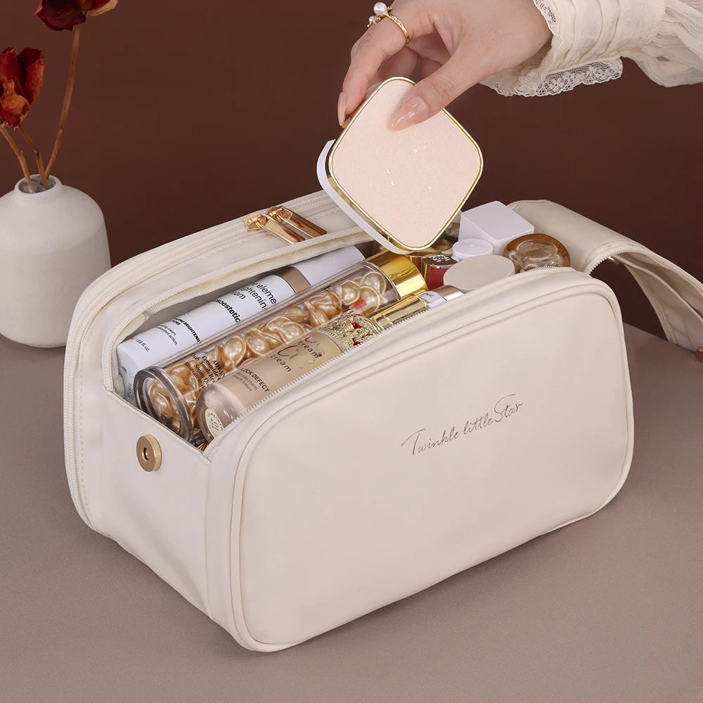 Rosa Kosmetiktasche aus PU-Leder – Wasserfeste, doppellagige Reise-Make-up-Tasche mit großem Stauraum