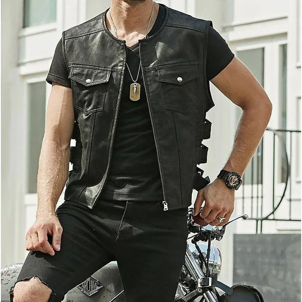 Herren Biker Kunstlederweste – Slim Fit Motorrad Weste mit Reißverschluss & Taschen, Streetwear Look für Frühling & Herbst