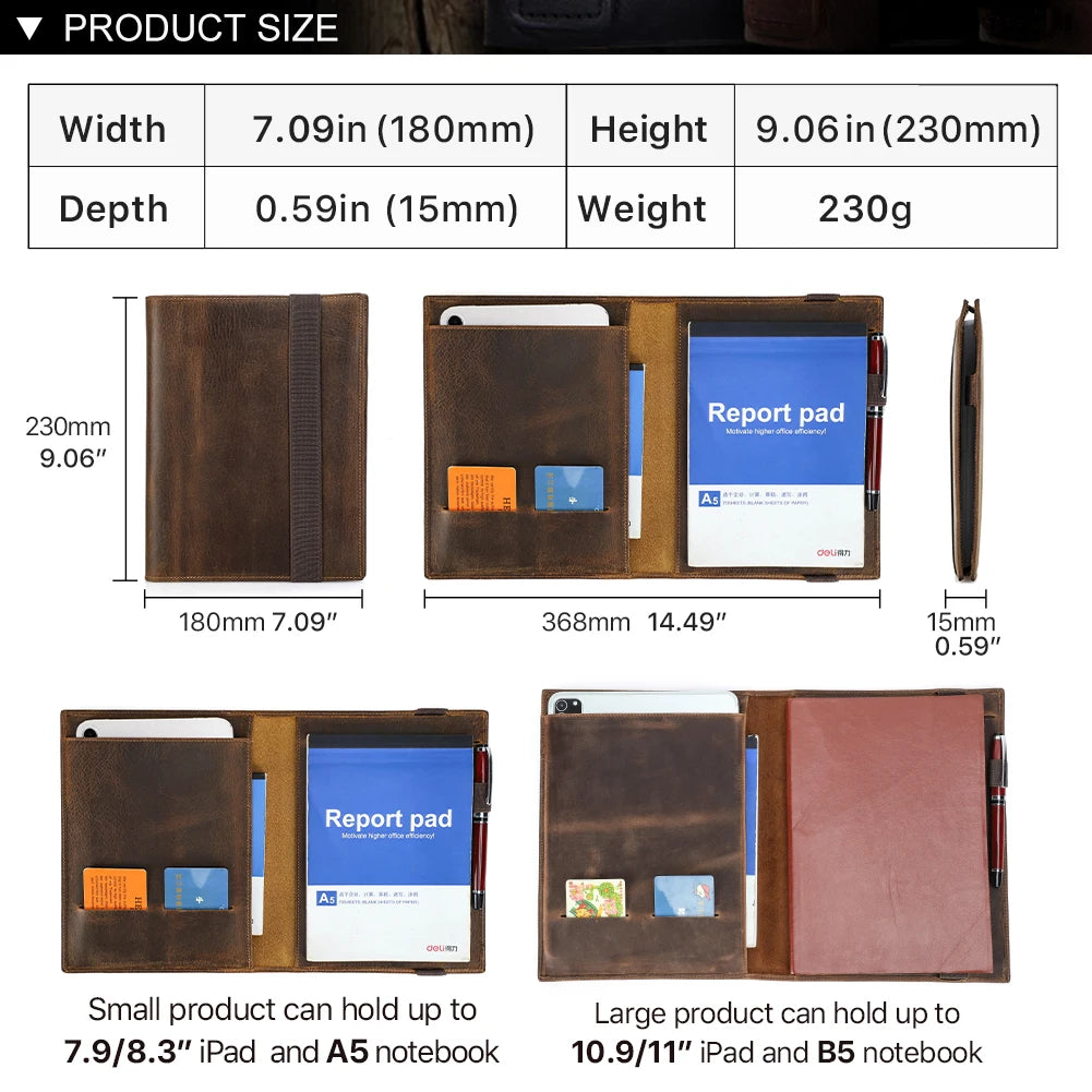 Portafolio de cuero A5 vintage de Crazy Horse Leder – Notebook &amp; iPad Mini Mappe para oficina, escuela y residencia 