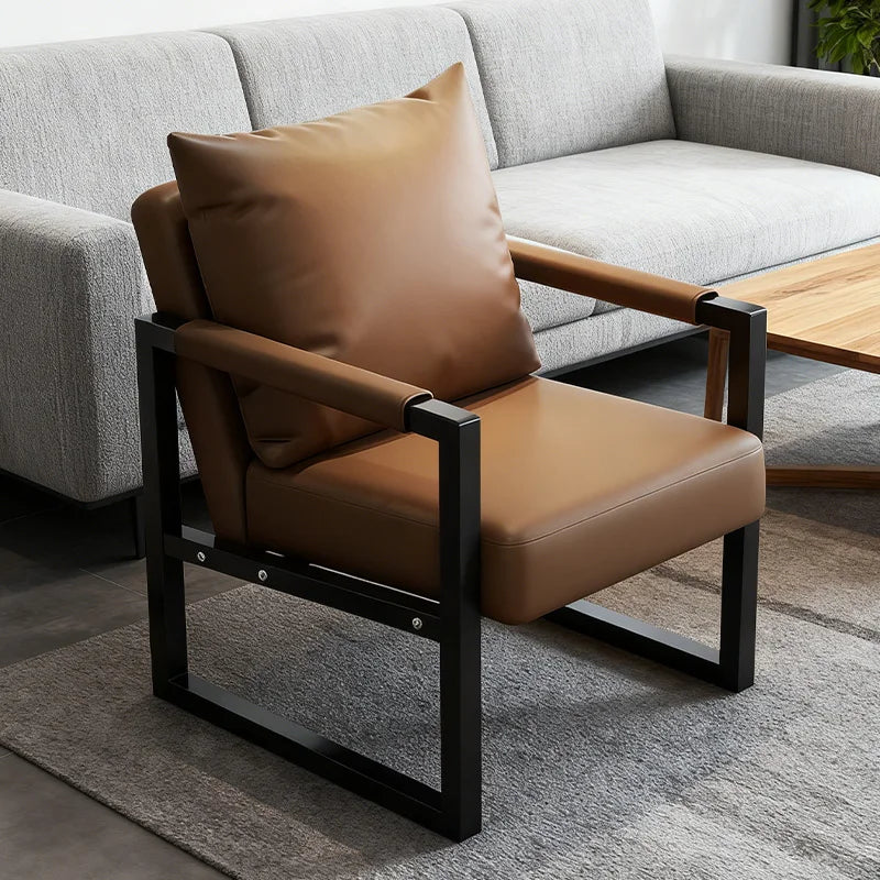 Weicher Leder Lounge Chair – Moderner Relax-Sessel mit Stahlrahmen, breiter Armchair für Wohnzimmer, Büro & Schlafzimmer