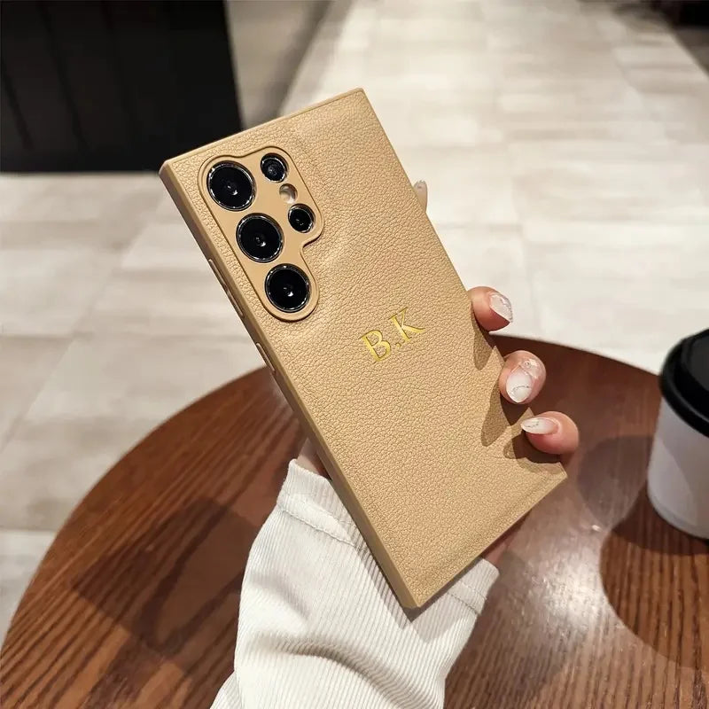 Funda de cuero personalizada 3D con grabado de nombre - Funda de piel sintética de lujo para Samsung Galaxy S25 bis S20, series A y FE