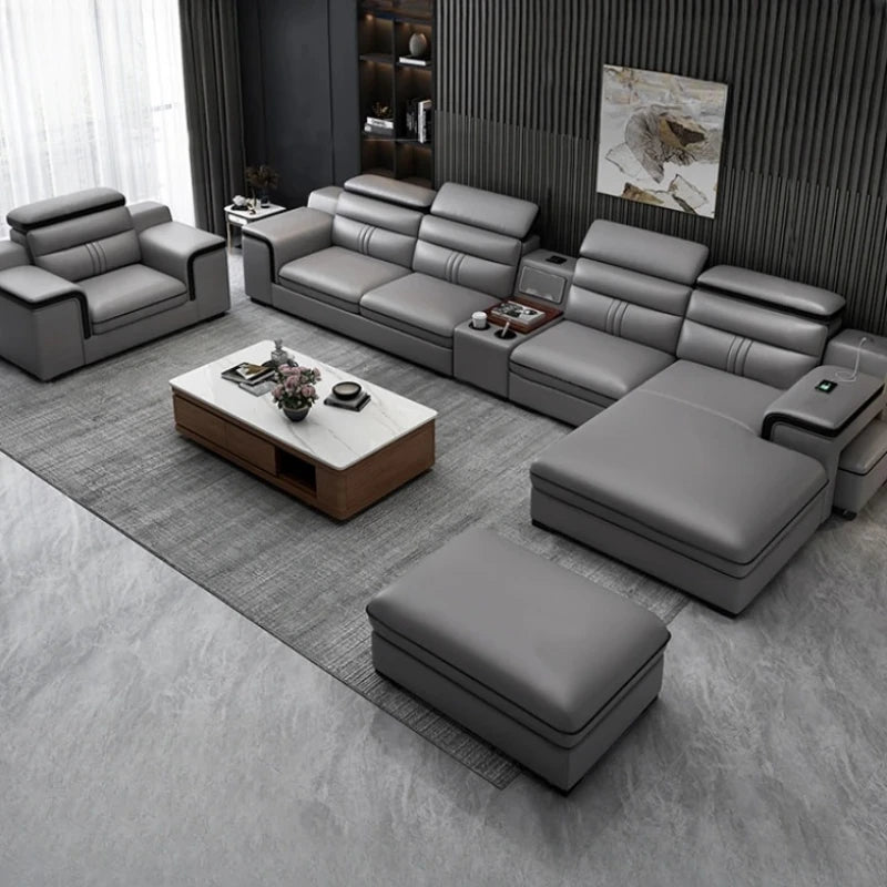 Smartes Leder-Ecksofa aus Rindsleder mit kabellosem Laden & Audio – Modernes Designer Sofa mit Massagefunktion und Stauraum