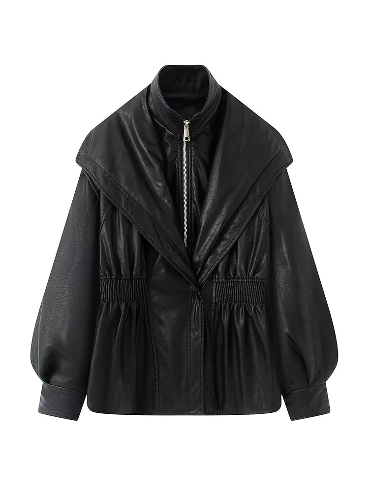 Damen PU Lederjacke Slim Fit – Vintage 2-in-1 Jacke mit Stehkragen, Reißverschluss & Puffärmeln für Herbst und Winter
