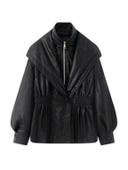 Damen PU Lederjacke Slim Fit – Vintage 2-in-1 Jacke mit Stehkragen, Reißverschluss & Puffärmeln für Herbst und Winter