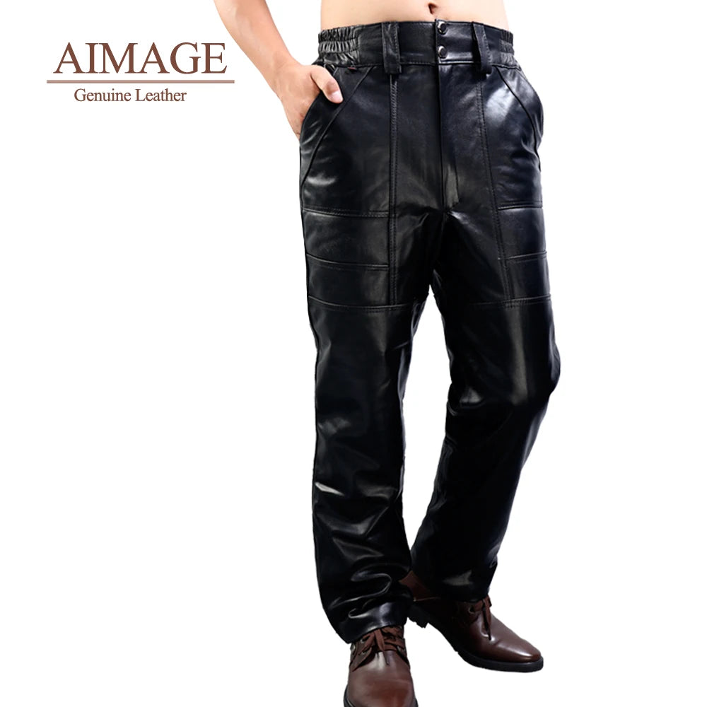 Pantalons de moto pour hommes en cuir véritable Schaffell – Pantalons de motard d'hiver haut, résistants au vent et à l'eau, 100 % écologiques