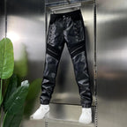 Pantalon en cuir PU Slim Fit pour hommes – Tuyau de motard coupe-vent avec design patchwork et fermeture à glissière, pantalon de moto moderne pour le sport et l'herbe