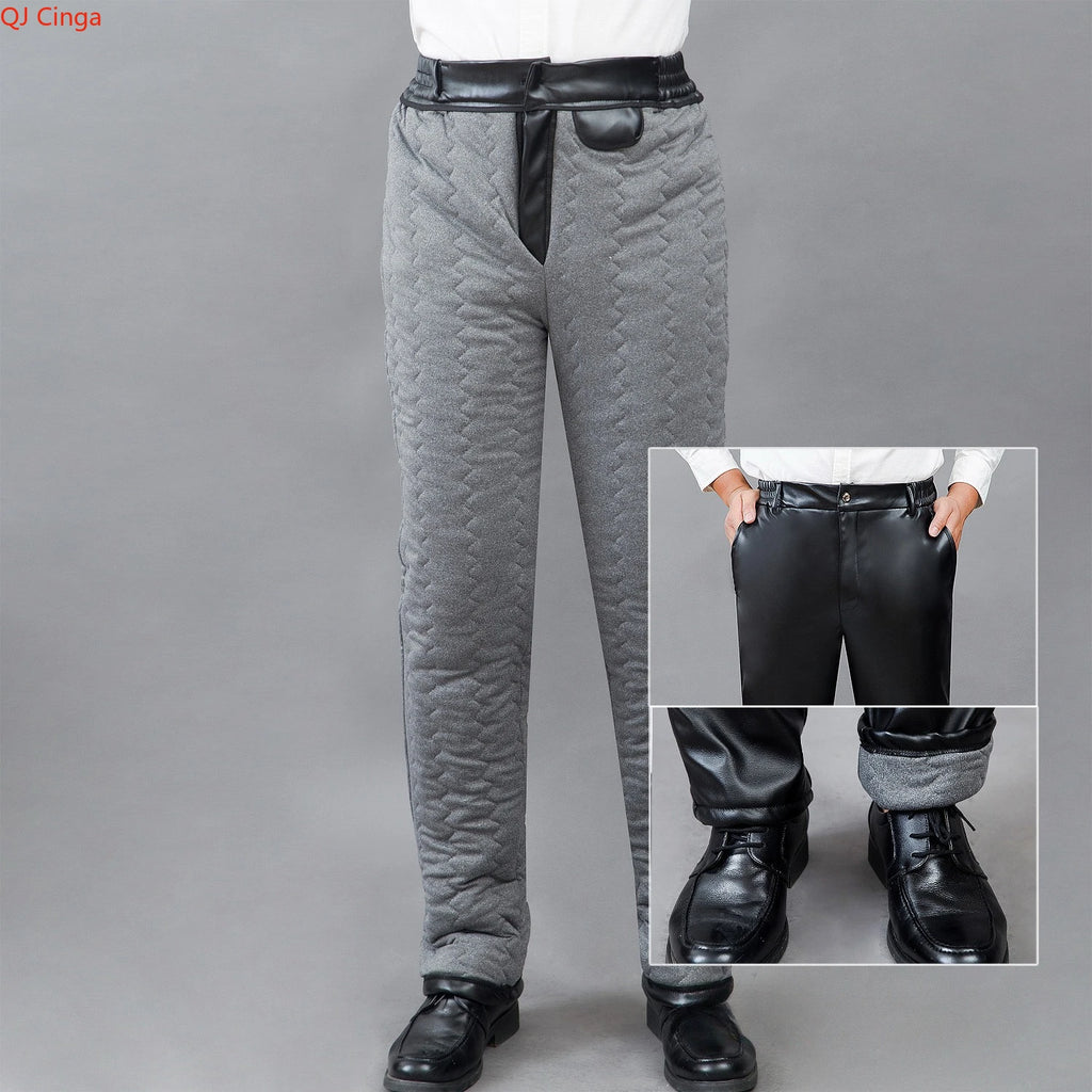 Herren Winter PU Lederhose mit Fleece – Winddichte, thermische Lederoptik-Hose mit Kordelzug, Schwarz, Größen S–5XL