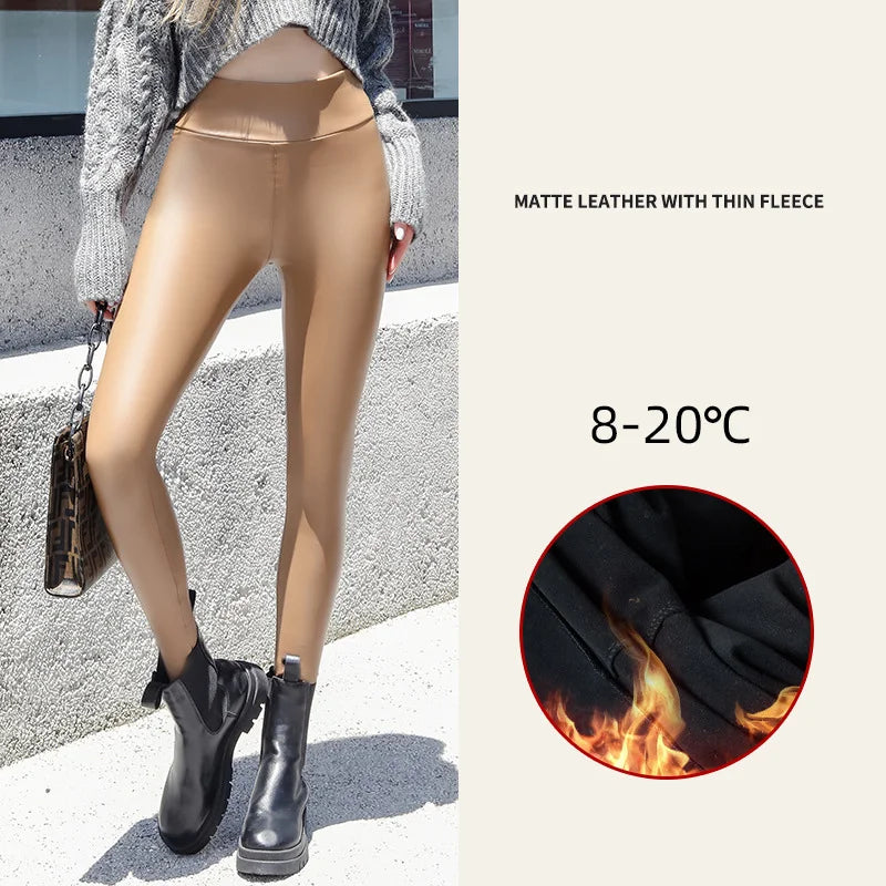 Damen Winter PU Lederleggings High Waist – Thermo Leggings mit Fleece-Futter, Stretch & warmer Passform