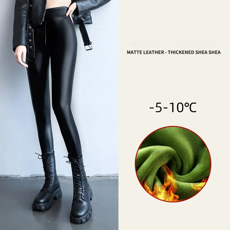 Leggings de invierno para mujer de PU con cintura alta – Leggings térmicos con forro polar, elásticos y cálidos Passform 