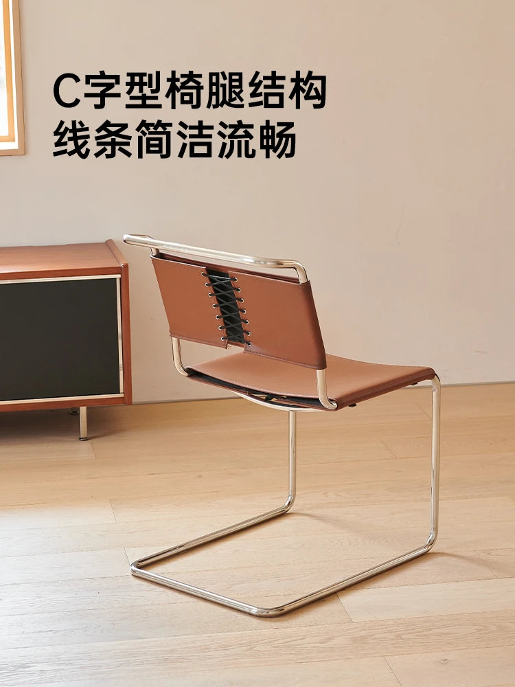 Freischwinger Stuhl aus Edelstahl & Sattelleder – Moderner Bauhaus Cantilever Chair mit Armlehnen für Esszimmer & Wohnzimmer