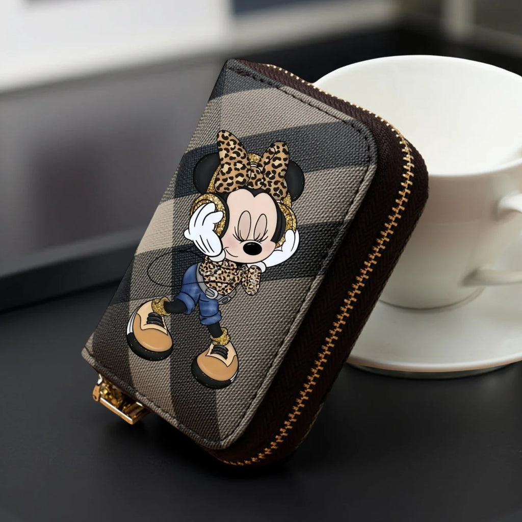 Potdemiel Damen Geldbörse aus PU-Leder – Kurze Wallet mit Reißverschluss, Minnie Karomuster &amp; Leoparden-Design, Kartenfächer in 3 Farben