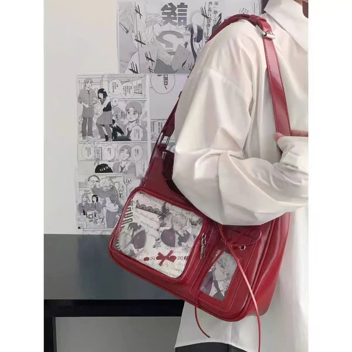 Y2K Harajuku Damen Schultertasche – Transparent Ita Bag im koreanisch-japanischen Preppy-Stil mit Schleife, Sac à main bandoulière