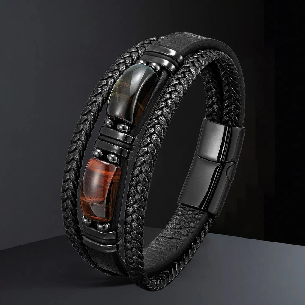 Handgefertigtes Naturstein Lederarmband – Boho Perlenarmband mit Magnetverschluss, verstellbares Unisex Armband für Damen & Herren (Großbestellung)