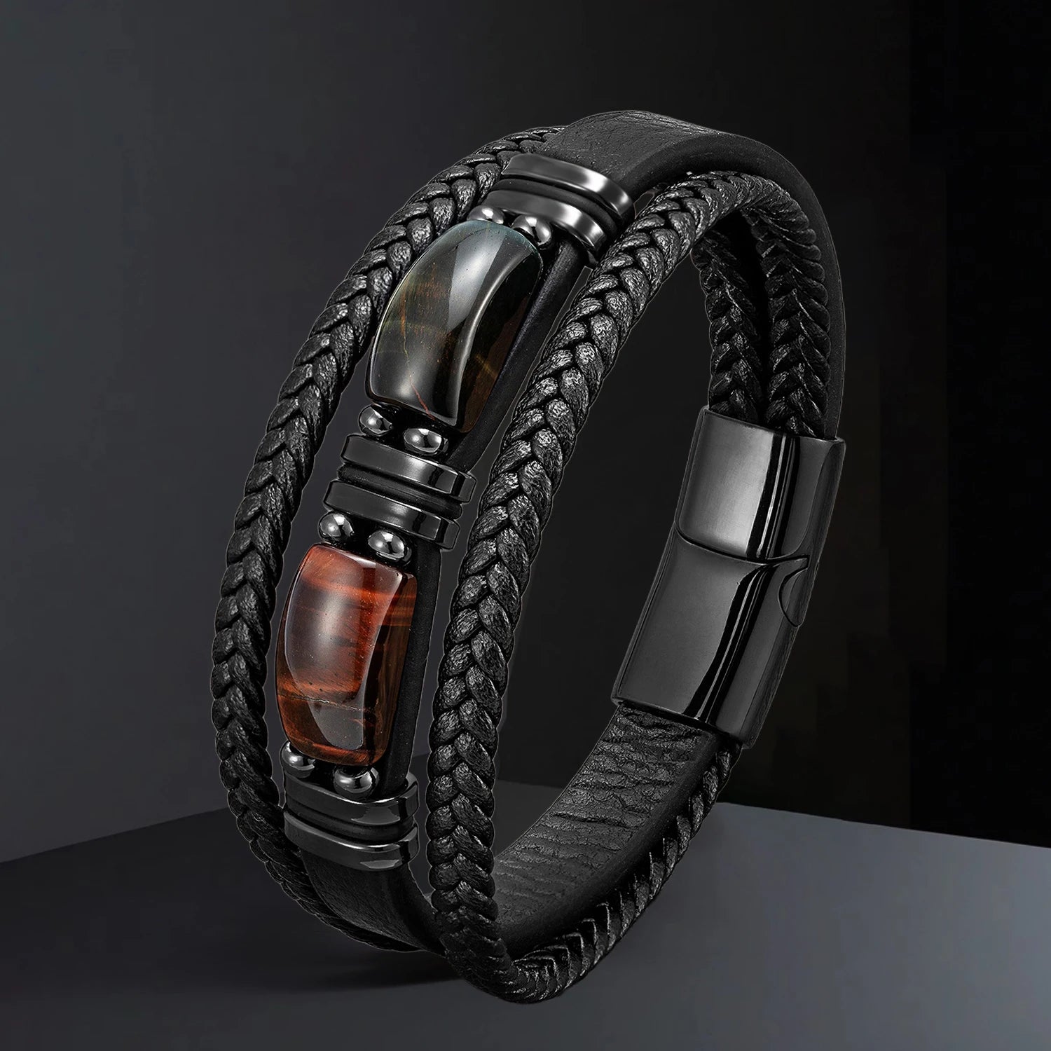 Handgefertigtes Naturstein Lederarmband – Boho Perlenarmband mit Magnetverschluss, verstellbares Unisex Armband für Damen & Herren (Großbestellung)