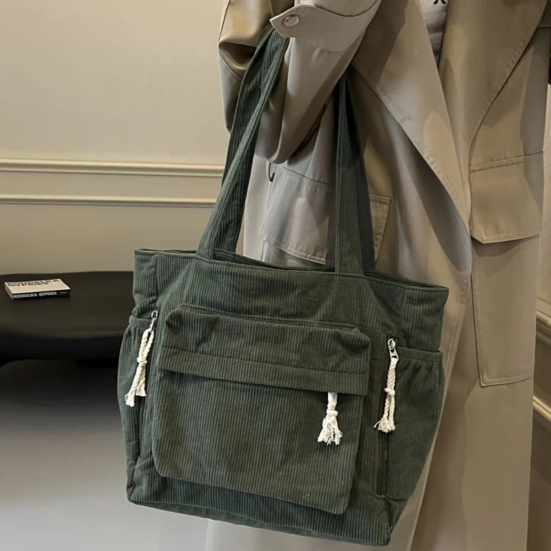 Cord Schultertasche für Damen – Grand sac fourre-tout décontracté avec cordon avec de nombreuses poches, idéal pour les voyages et les voyages