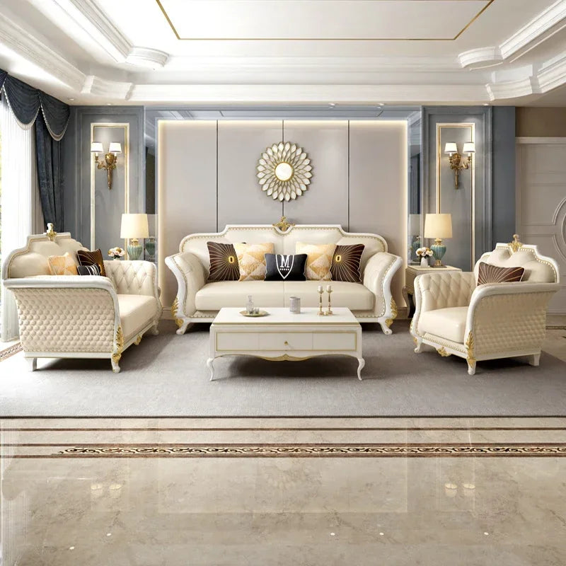 Amerikanisches Luxury Leder Sofa 1-2-3 Kombination – Elegantes Ecksofa aus Echtleder mit Massivholzrahmen für stilvolle Wohnzimmer & Villen