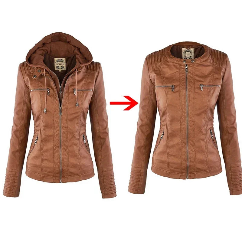 Liva Girl Damen PU Lederjacke 2025 – Basic Motorradjacke mit Kapuze, wetterfeste Kunstleder Winterjacke mit Reißverschluss