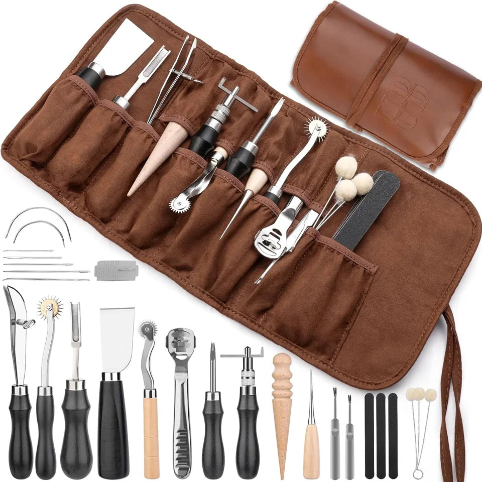 Zxiixz Profi Lederwerkzeug Set – Leather Craft Tools Kit mit Ahle, Stitching Punch, Nähnadeln & Kantenbearbeitung