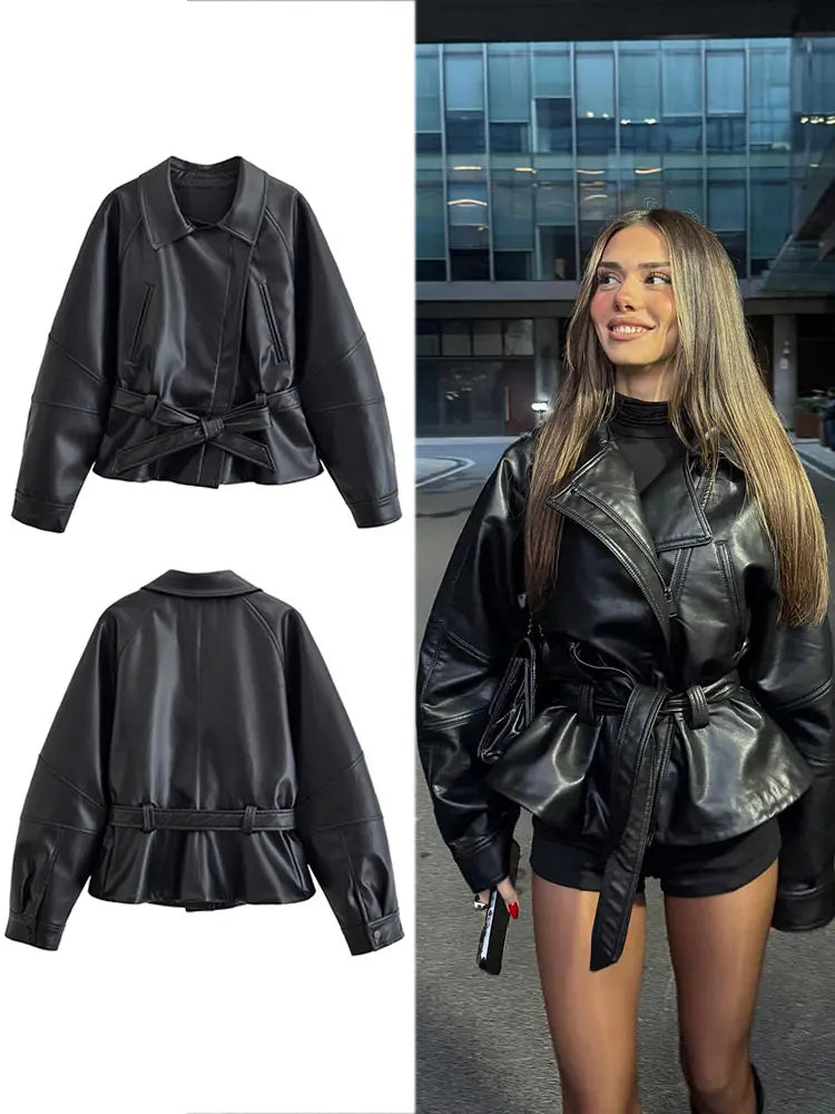 HH Damen Schwarzer PU Leder Kurz-Trenchcoat – Vintage Kunstlederjacke mit Gürtel, élégante veste de moto pour l'hiver et l'hiver 