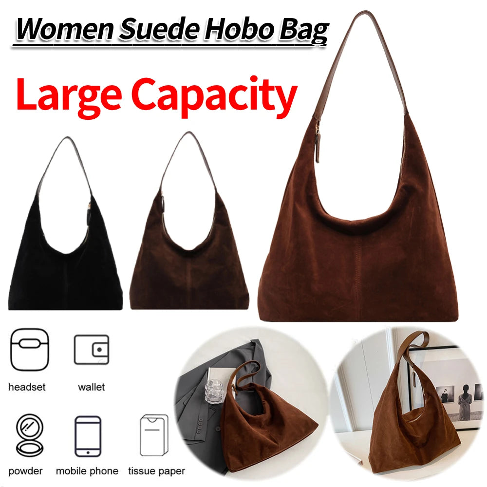 Damen Wildleder Hobo Bag – Große Kapazität Schultertasche mit Reißverschluss für Alltag & Reisen