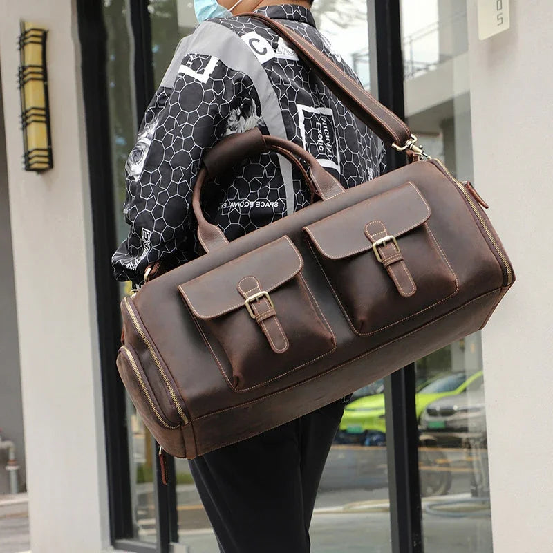 QINGWU Große Leder Reisetasche für Herren – Luxus Duffle &amp; Suit Bag aus echtem Rindsleder mit hartem Korpus 
