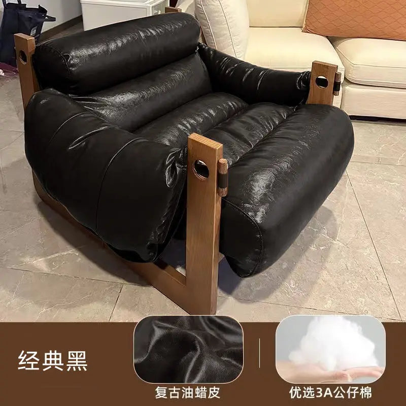 Italiano Retro Lazy Sofa Chair aus Oil-Wax-Leder – Sillón de cuero de diseño para mujeres, sillón individual más moderno en estilo vintage 