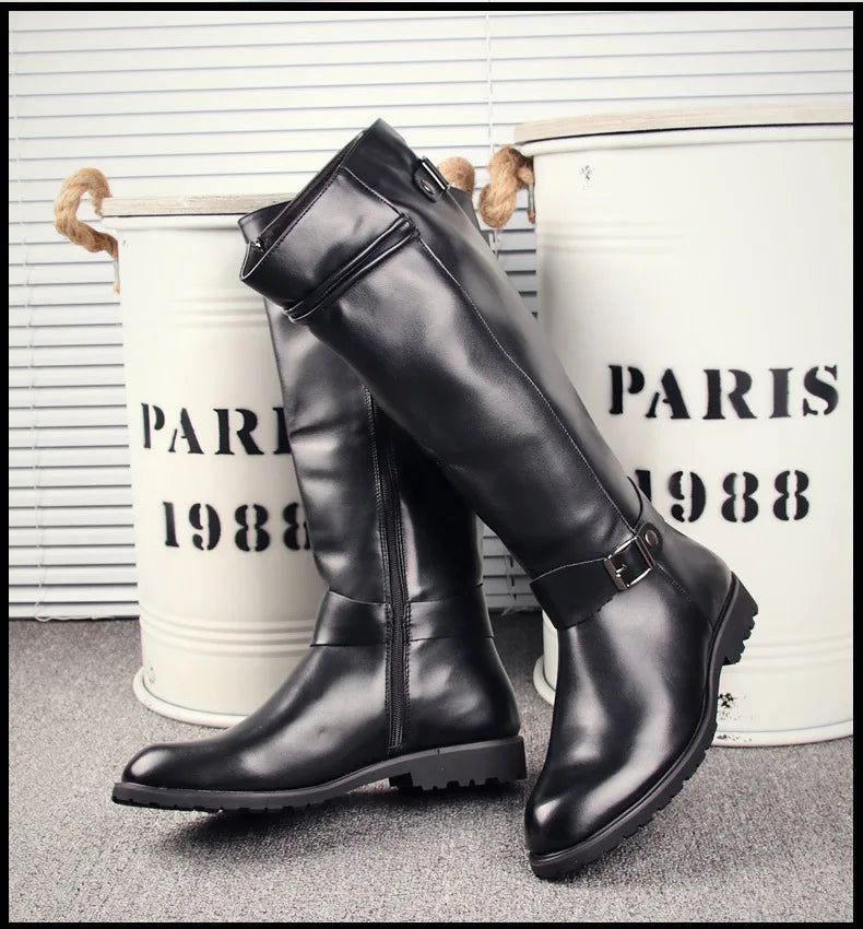 OLOMM Herren British Style Kniehohe Boots – Handgefertigte Motorrad- & Cosplay-Stiefel aus Leder, Zip-Design, Komfortable Stage & Freizeit Schuhe