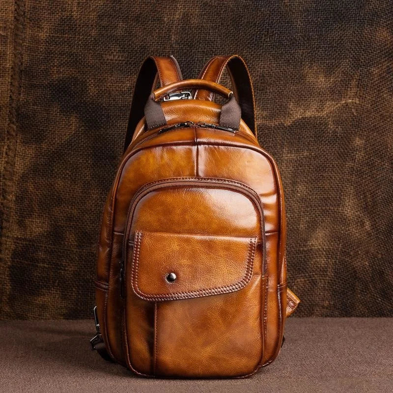MOTAORA Retro Mini Leder Rucksack Unisex – Handgefertigter Echtleder Chest- &amp; Sling-Backpack im Vintage-Stil 