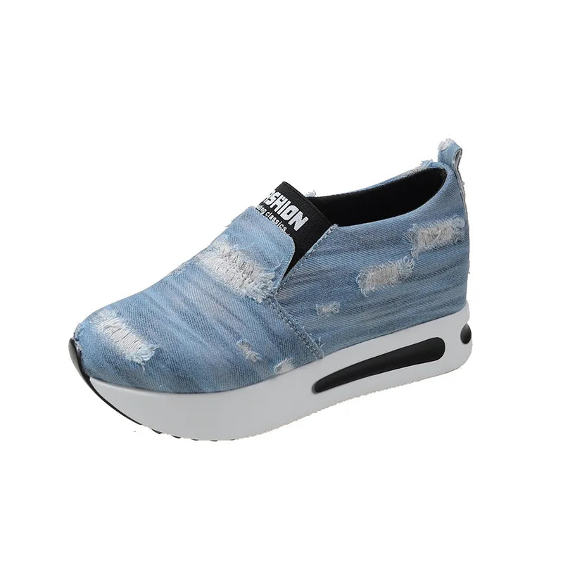 Damen Sneaker Silber mit Plateau – Slip-On Loafer aus PU-Leder mit Keilabsatz & dicker Sohle für Frühling & Herbst