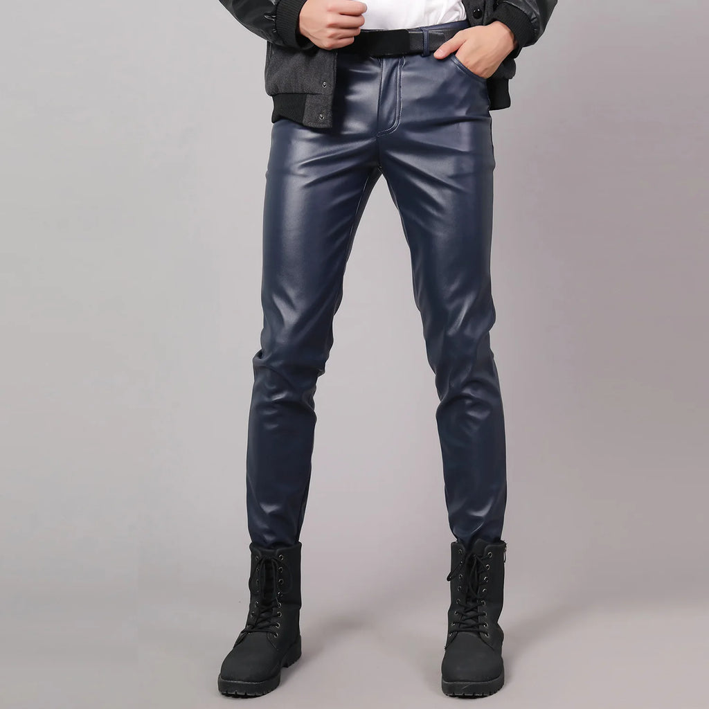 Herren Moto Skinny PU Lederhose – Elastische Kunstlederhose in Schwarz, Gold & Weiß, dünne Biker-Hose für Party & Streetwear (Gr. 28–40)