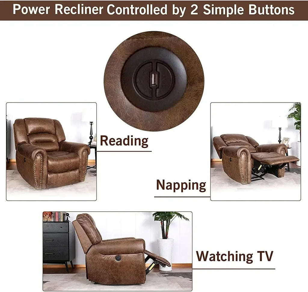 Fauteuil de relaxation électrique en cuir avec prise USB – Fauteuil inclinable simple classique pour salon et salle de bain (Nussbraun) 