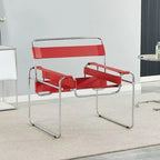 Nordischer Designer-Sessel aus Edelstahl &amp; Sattelleder – Bauhaus Akzentstuhl mit Armlehnen für Wohnzimmer &amp; moderne Wohnräume