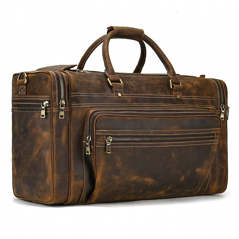 Newsbirds Extralarge Crazy Horse Bolsa de cuero para hombres – 60 cm Vintage Travel Duffle aus echtem Rindsleder mit Nietenboden 