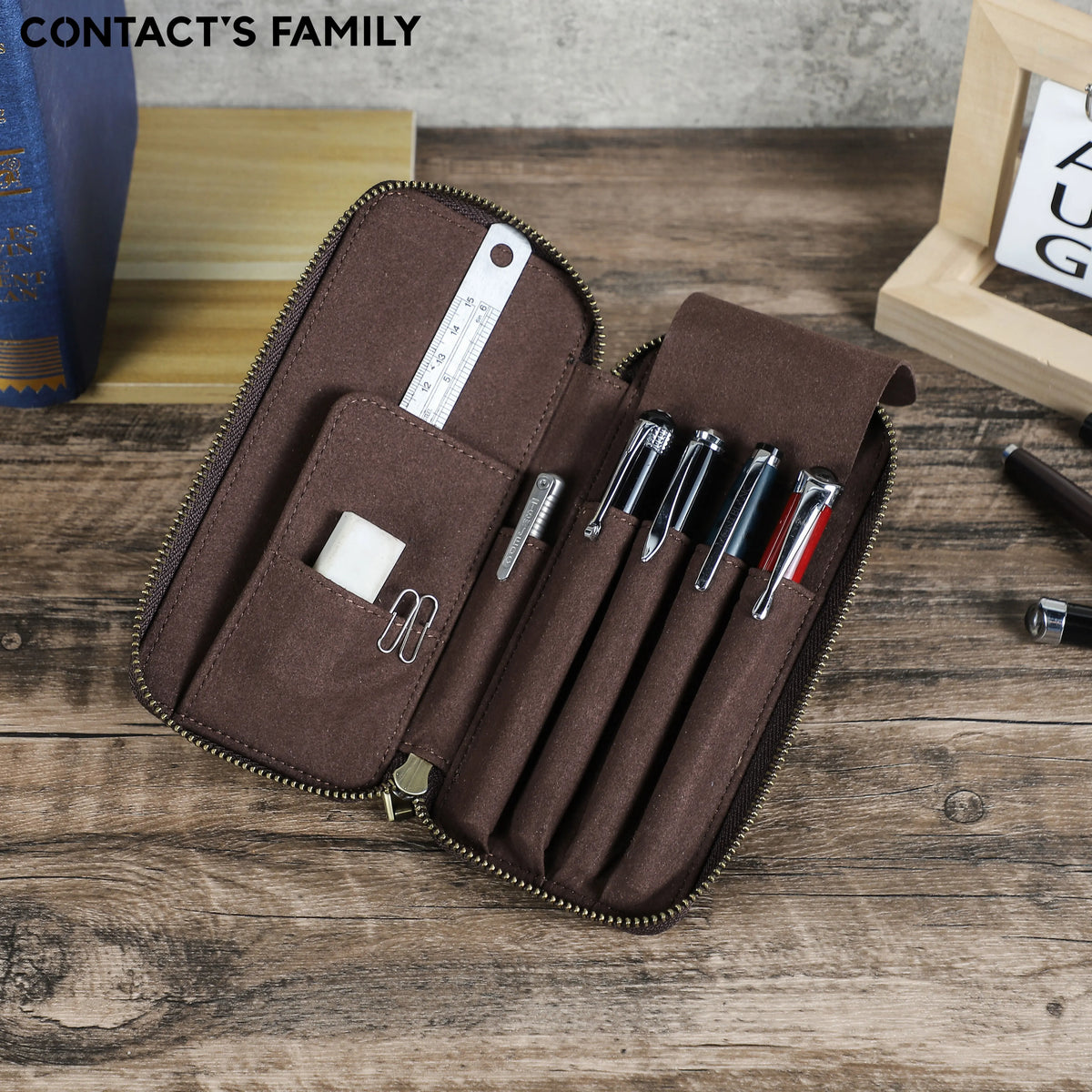 Handgefertigtes Leder Stifteetui mit 4 Fächern – Vintage Crazy Horse Pen Case mit Reißverschluss für Füllfederhalter & Büro